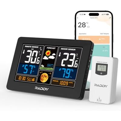 Raddy Estação meteorológica Wi-Fi com sensor exterior, estação meteorológica de 7,5", APP mostra dados meteorológicos, relógio de rede, previsão do tempo, aviso de geada, brilho ajustável Raddy Estação meteorológica Wi-Fi com sensor exterior, estação meteorológica de 7,5", APP mostra dados meteorológicos, relógio de rede, previsão do tempo, aviso de geada, brilho ajustável