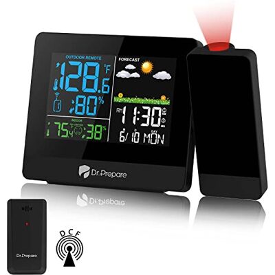 DR.PREPARE DR. Prepare despertador projetor teto com estação meteorológica e sensor exterior mostra a temperatura humidade interior e exterior função de alarme duplo para quarto mesa de cabeceira DR.PREPARE DR. Prepare despertador projetor teto com estação meteorológica e sensor exterior mostra a temperatura humidade interior e exterior função de alarme duplo para quarto mesa de cabeceira