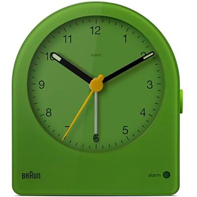 Braun Relógio despertador analógico clássico com botão de repetição e retroiluminação contínua, movimento silencioso de quartzo, alarme em crescido, cor verde, modelo BC22G Braun Relógio despertador analógico clássico com botão de repetição e retroiluminação contínua, movimento silencioso de quartzo, alarme em crescido, cor verde, modelo BC22G