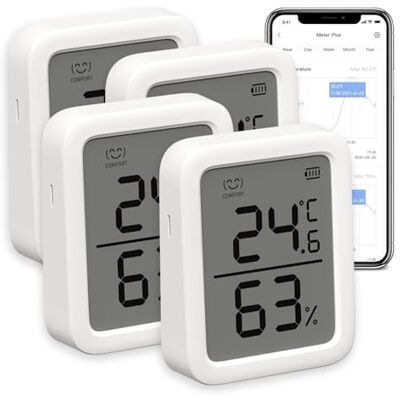 SwitchBot Termómetro higrómetro para interior, sensor de temperatura e humidade, alerta inteligente, 68 dias de armazenamento de dados, Bluetooth, 3 polegadas Conjunto de 4 SwitchBot Termómetro higrómetro para interior, sensor de temperatura e humidade, alerta inteligente, 68 dias de armazenamento de dados, Bluetooth, 3 polegadas Conjunto de 4