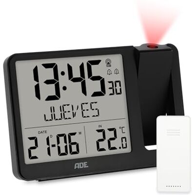 ADE Despertador digital radiocontrolado com projeção e sensor exterior 2 horas de despertador, relógio com indicação de temperatura, data e dia da semana, Incl. Cabo de rede preto ADE Despertador digital radiocontrolado com projeção e sensor exterior 2 horas de despertador, relógio com indicação de temperatura, data e dia da semana, Incl. Cabo de rede preto