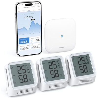 X-Sense Termómetro higrómetro Wi-Fi, STH0A31, 3 sensores + 1 base Controlo de temperatura e humidade, estação base incluída X-Sense Termómetro higrómetro Wi-Fi, STH0A31, 3 sensores + 1 base Controlo de temperatura e humidade, estação base incluída
