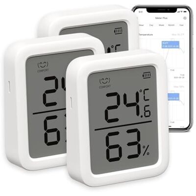 SwitchBot Termómetro higrómetro para interior, sensor de temperatura e humidade, alerta inteligente, 68 dias de armazenamento de dados, Bluetooth, 3 polegadas Conjunto de 3 SwitchBot Termómetro higrómetro para interior, sensor de temperatura e humidade, alerta inteligente, 68 dias de armazenamento de dados, Bluetooth, 3 polegadas Conjunto de 3
