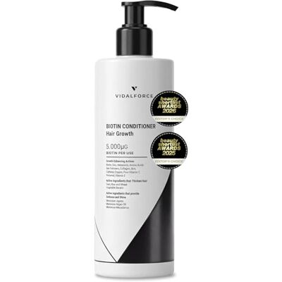 VIDALFORCE Condicionador anti-queda I prémio de melhor de 2025 I com biotina para o cabelo, colagénio, óleo de argão, óleo de jojoba e óleo de macadâmia, mais 18 vitaminas para o cabelo I tamanho XXL 400 ml VIDALFORCE Condicionador anti-queda I prémio de melhor de 2025 I com biotina para o cabelo, colagénio, óleo de argão, óleo de jojoba e óleo de macadâmia, mais 18 vitaminas para o cabelo I tamanho XXL 400 ml