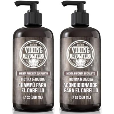 Viking Conjunto champô homem e condicionador 2 x 500 ml Hidrata e fortalece com vitamina B5, biotina e óleo de jojoba Eucalipto e menta Viking Conjunto champô homem e condicionador 2 x 500 ml Hidrata e fortalece com vitamina B5, biotina e óleo de jojoba Eucalipto e menta