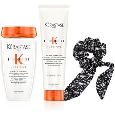 KÉRASTASE Kerastasa nutritiva – Rotina nutritiva e sublimadora para cabelos secos e grossos, champô de banho de cetim rico (250 ml) néctar térmico (150 ml) + Foulchy (Chouchou Foulard) KÉRASTASE Kerastasa nutritiva – Rotina nutritiva e sublimadora para cabelos secos e grossos, champô de banho de cetim rico (250 ml) néctar térmico (150 ml) + Foulchy (Chouchou Foulard)