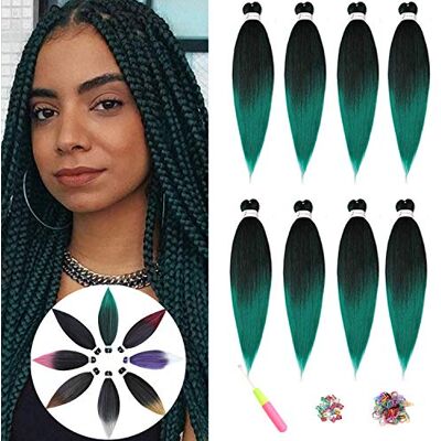 ShowJarlly Pre-Stretched Braiding Hair pacote de 8 extensões de cabelo africano Kanekalon tranças cabelo postiço para tranças 20" Yaki texture cabelo sintético crochê extensão cabelo T1B/Green# ShowJarlly Pre-Stretched Braiding Hair pacote de 8 extensões de cabelo africano Kanekalon tranças cabelo postiço para tranças 20" Yaki texture cabelo sintético crochê extensão cabelo T1B/Green#