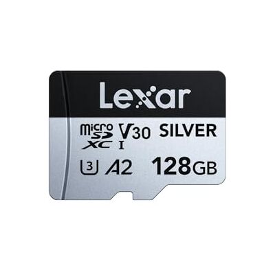 Lexar Silver cartão micro SD de 128 GB, até 205 MB/s de leitura Microsdxc TF, 100 MB/s de escrita, cartão de memória micro SD+ adaptador, A2, U3, classe 10, V30, Full HD e 4K UHD vídeo Lexar Silver cartão micro SD de 128 GB, até 205 MB/s de leitura Microsdxc TF, 100 MB/s de escrita, cartão de memória micro SD+ adaptador, A2, U3, classe 10, V30, Full HD e 4K UHD vídeo