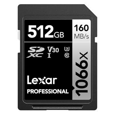 Lexar Cartão SD profissional 1066x de 512 GB, SDXC UHS-I até 160 MB/s de leitura, escrita de 120 MB/s, V30/U3/C10 para câmaras DSLR e câmaras de vídeo HD Lexar Cartão SD profissional 1066x de 512 GB, SDXC UHS-I até 160 MB/s de leitura, escrita de 120 MB/s, V30/U3/C10 para câmaras DSLR e câmaras de vídeo HD
