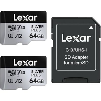 Lexar Cartão micro SD de 64 GB Silver Plus, pacote de 2, até 205 MB/s Microsdxc TF, cartão de memória micro SD com adaptador, A2 U3, classe 10, V30, Full HD e 4K UHD para câmera, consola de vídeo Lexar Cartão micro SD de 64 GB Silver Plus, pacote de 2, até 205 MB/s Microsdxc TF, cartão de memória micro SD com adaptador, A2 U3, classe 10, V30, Full HD e 4K UHD para câmera, consola de vídeo