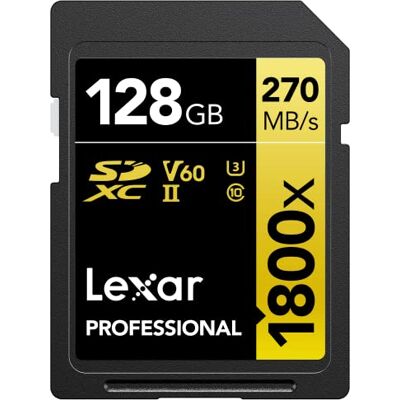Lexar SDXC Professional 128 GB 1800 x UHS-II série dourada, classe 10, U3, V60, gravação de vídeo em 4K, preto Lexar SDXC Professional 128 GB 1800 x UHS-II série dourada, classe 10, U3, V60, gravação de vídeo em 4K, preto