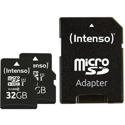 Intenso Cartão de memória microSDHC de classe 10 UHS-I, 2 x 32 GB, inclui Cartão de memória de 90 MB/s de velocidade de leitura, classe 10 U1 padrão, inclui adaptador SD para smartphone e tablet Intenso Cartão de memória microSDHC de classe 10 UHS-I, 2 x 32 GB, inclui Cartão de memória de 90 MB/s de velocidade de leitura, classe 10 U1 padrão, inclui adaptador SD para smartphone e tablet
