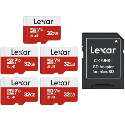 Lexar Cartão Micro SD 32 GB, 5 Pacotes, até 100 MB/s de Leitura, A1, U3, C10, V10, 4K, Full HD, Cartão de Memória com Adaptador SD, microSDXC para telefone, videocamera, Switch, GoPro, Tablet A1, U1, C10, V10, Memoria microSDXC , Micro SD Card para Nint Lexar Cartão Micro SD 32 GB, 5 Pacotes, até 100 MB/s de Leitura, A1, U3, C10, V10, 4K, Full HD, Cartão de Memória com Adaptador SD, microSDXC para telefone, videocamera, Switch, GoPro, Tablet A1, U1, C10, V10, Memoria microSDXC , Micro SD Card para Nint