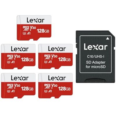 Lexar Cartão Micro SD 128 GB, 5 Pacotes, até 100 MB/s de Leitura, A1, U3, C10, V30, 4K, Full HD, Cartão de Memória com Adaptador SD, microSDXC para telefone, videocamera, Switch, GoPro, Tablet A1, U3, C10, V30, Memoria microSDXC , Micro SD Card para Nin Lexar Cartão Micro SD 128 GB, 5 Pacotes, até 100 MB/s de Leitura, A1, U3, C10, V30, 4K, Full HD, Cartão de Memória com Adaptador SD, microSDXC para telefone, videocamera, Switch, GoPro, Tablet A1, U3, C10, V30, Memoria microSDXC , Micro SD Card para Nin