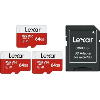 Lexar Cartão Micro SD 64 GB, 3 Pacotes, até 100 MB/s de Leitura, A1, U3, C10, V30, 4K, Full HD, Cartão de Memória com Adaptador SD, microSDXC para telefone, videocamera, Switch, GoPro, Tableta A1, U3, C10, V30, Memoria microSDXC , Micro SD Card para Nin Lexar Cartão Micro SD 64 GB, 3 Pacotes, até 100 MB/s de Leitura, A1, U3, C10, V30, 4K, Full HD, Cartão de Memória com Adaptador SD, microSDXC para telefone, videocamera, Switch, GoPro, Tableta A1, U3, C10, V30, Memoria microSDXC , Micro SD Card para Nin