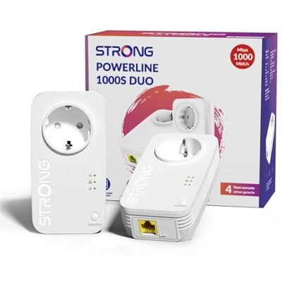 Strong AV1000 PLC Powerline com tomada integrada, portas Gigabit Strong AV1000 PLC Powerline com tomada integrada, portas Gigabit
