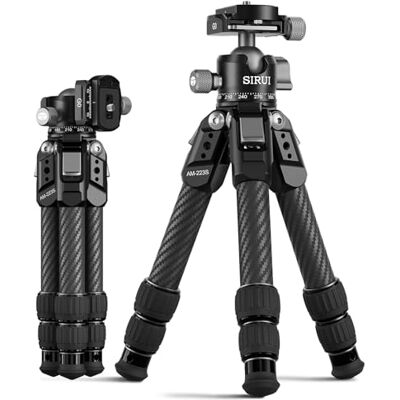 Sirui 16" Tripé mini de fibra de carbono, ultraleve 770 g, cabeça panorâmica de 360°, carga máxima. 15 kg para DSLR, câmaras sem espelho e ação, tripé de mesa compacto AM-223S + G0 Sirui 16" Tripé mini de fibra de carbono, ultraleve 770 g, cabeça panorâmica de 360°, carga máxima. 15 kg para DSLR, câmaras sem espelho e ação, tripé de mesa compacto AM-223S + G0