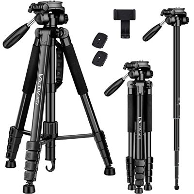 Victiv Tripé para câmara de 72 polegadas, monopé de alumínio T72, altura máxima: 182 cm, leve e compacto para viagens, com cabeça giratória de 3 vias e 2 placas de libertação rápida para gravação Victiv Tripé para câmara de 72 polegadas, monopé de alumínio T72, altura máxima: 182 cm, leve e compacto para viagens, com cabeça giratória de 3 vias e 2 placas de libertação rápida para gravação