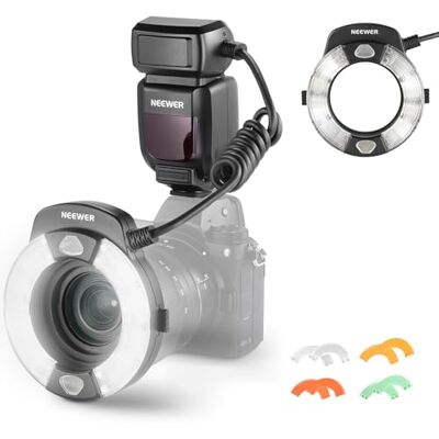Neewer RF1-N Moldura Ring Flash Light compatível com câmara fotográfica Nikon, 76 Ws GN15 5600K TTL, 1-1/128 saída dianteira/traseira cortina gel cor anéis gel adaptador para macrofotografia estúdio fotos Neewer RF1-N Moldura Ring Flash Light compatível com câmara fotográfica Nikon, 76 Ws GN15 5600K TTL, 1-1/128 saída dianteira/traseira cortina gel cor anéis gel adaptador para macrofotografia estúdio fotos