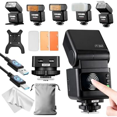 GODOX iT32 TTL Flash com disparador X5F para FUJIFILM, 2,4 GHz HSS 1/8000s Flash sem fios TTL, com ecrã tátil, luz LED, bateria integrada e controlo remoto compatível com o sistema X GODOX iT32 TTL Flash com disparador X5F para FUJIFILM, 2,4 GHz HSS 1/8000s Flash sem fios TTL, com ecrã tátil, luz LED, bateria integrada e controlo remoto compatível com o sistema X