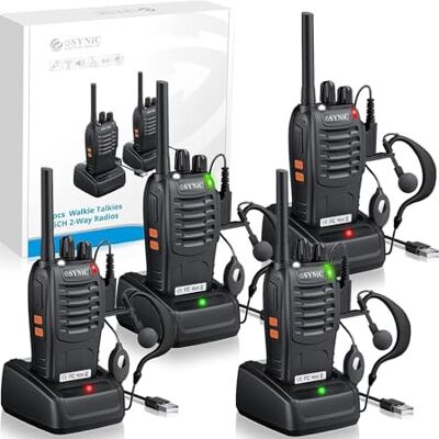 eSynic 4 peças Walkie Talkie recarregável 16 canais Walkie Talkie de longa distância com auriculares originais CTCSS DCS Walky Talky suporta lanterna LED para ciclismo e caminhadas, etc eSynic 4 peças Walkie Talkie recarregável 16 canais Walkie Talkie de longa distância com auriculares originais CTCSS DCS Walky Talky suporta lanterna LED para ciclismo e caminhadas, etc