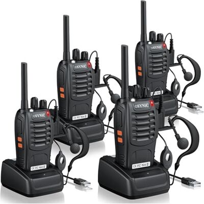 eSynic 4 peças Walkie Talkies de longa distância com auriculares Walkie-Talkie profissional de 16 canais 1500 mAh com carregador USB suporta VOX para sobreviver em campo de ciclismo eSynic 4 peças Walkie Talkies de longa distância com auriculares Walkie-Talkie profissional de 16 canais 1500 mAh com carregador USB suporta VOX para sobreviver em campo de ciclismo