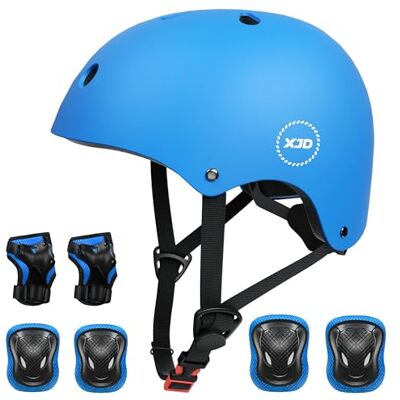 XJD Capacete de ciclismo para crianças e proteção infantil inclui joelheiras cotoveleiras e pulseiras ajustáveis 7 peças para patins skate skate ciclismo crianças dos 3 aos 13 anos (azul M) XJD Capacete de ciclismo para crianças e proteção infantil inclui joelheiras cotoveleiras e pulseiras ajustáveis 7 peças para patins skate skate ciclismo crianças dos 3 aos 13 anos (azul M)