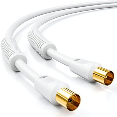 deleyCON 7,5 m Cabo antena TV (conector IEC para acoplador IEC) Coaxial HDTV quádrupla blindagem 2 x núcleo ferrite filtro de corrente DVB-T DVB-T2 rádio DAB branco deleyCON 7,5 m Cabo antena TV (conector IEC para acoplador IEC) Coaxial HDTV quádrupla blindagem 2 x núcleo ferrite filtro de corrente DVB-T DVB-T2 rádio DAB branco