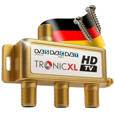 TronicXL Distribuidor de antena 3 entradas 24K conector F dourado saída CC televisão por cabo DVB-C BK DVB-T2 para Splitter distribuidor unicable HD 3D 4K digital Sat branco TronicXL Distribuidor de antena 3 entradas 24K conector F dourado saída CC televisão por cabo DVB-C BK DVB-T2 para Splitter distribuidor unicable HD 3D 4K digital Sat branco