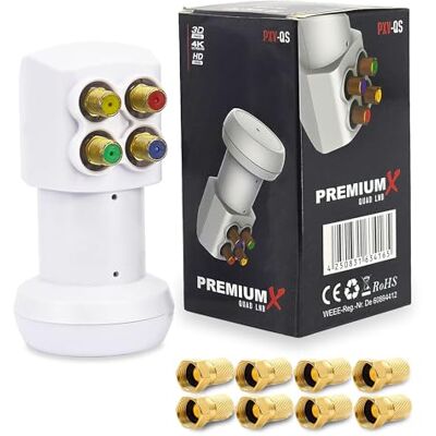 PremiumX Premium X PXV-QS Quad LNB Cabeça LNC de 4 vias com filtro LTE 4 participantes SAT Digital DVB-S2 4K HD 3D Contactos dourados branco extrapequeno inclui 8 conectores F PremiumX Premium X PXV-QS Quad LNB Cabeça LNC de 4 vias com filtro LTE 4 participantes SAT Digital DVB-S2 4K HD 3D Contactos dourados branco extrapequeno inclui 8 conectores F