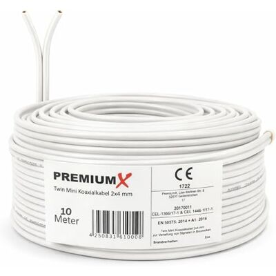 PremiumX Premium X Cabo coaxial de 10 m para satélite Twin Mini 2 x 4 mm branco extra fino e blindagem dupla cabo de antena de TV de economia de espaço para SAT DVB-T recetor Twin Ultra HD 4K 3D PremiumX Premium X Cabo coaxial de 10 m para satélite Twin Mini 2 x 4 mm branco extra fino e blindagem dupla cabo de antena de TV de economia de espaço para SAT DVB-T recetor Twin Ultra HD 4K 3D