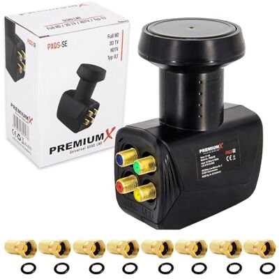 PremiumX Quad LNB para 4 utilizadores: Conversor de sinal de TV com proteção contra o clima, LNB Satélite digital em preto com 8 conectores F incluídos. Compatível com DVB-S2 8K UHD 4K Full HD PremiumX Quad LNB para 4 utilizadores: Conversor de sinal de TV com proteção contra o clima, LNB Satélite digital em preto com 8 conectores F incluídos. Compatível com DVB-S2 8K UHD 4K Full HD