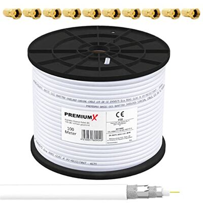 PremiumX Premium X BASIC Cabo coaxial de 100 m Recepção perfeita com blindagem de alumínio quádrupla de 135 dB compatível com DVB-S/S2, DVB-C, DVB-T, instalações BK incluindo 10 conectores F PremiumX Premium X BASIC Cabo coaxial de 100 m Recepção perfeita com blindagem de alumínio quádrupla de 135 dB compatível com DVB-S/S2, DVB-C, DVB-T, instalações BK incluindo 10 conectores F