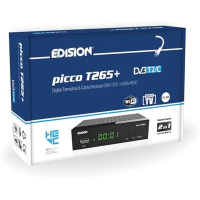 Edision Picco T265 Receptor terrestre TDT DVB-T2 e por cabo DVB-C, H265 HEVC FTA Full HD PVR, USB, HDMI, SCART, S/PDIF, sensor IR, suporte USB WiFi, controlo remoto universal 2 em 1 Edision Picco T265 Receptor terrestre TDT DVB-T2 e por cabo DVB-C, H265 HEVC FTA Full HD PVR, USB, HDMI, SCART, S/PDIF, sensor IR, suporte USB WiFi, controlo remoto universal 2 em 1