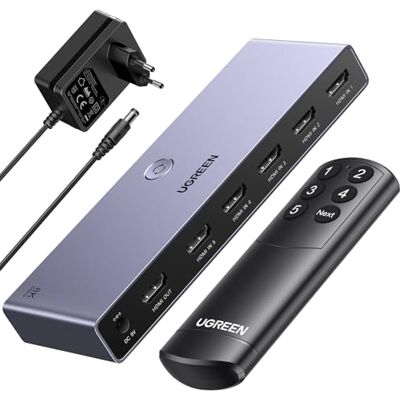 UGREEN 8K 60Hz Switch HDMI 2.1 5 entradas 1 saída 4K 240Hz HDCP 2.3 Adaptador de energia interruptor com controlo remoto compatível com PS5/4 Xbox Nintendo Switch DVD Apple TV Fire Stick UGREEN 8K 60Hz Switch HDMI 2.1 5 entradas 1 saída 4K 240Hz HDCP 2.3 Adaptador de energia interruptor com controlo remoto compatível com PS5/4 Xbox Nintendo Switch DVD Apple TV Fire Stick
