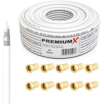 PremiumX BASIC Cabo coaxial de 50 m Recepção perfeita com blindagem de alumínio quádrupla de 135 dB compatível com DVB-S/S2, DVB-C, DVB-T, instalações BK incluindo 10 conectores F PremiumX BASIC Cabo coaxial de 50 m Recepção perfeita com blindagem de alumínio quádrupla de 135 dB compatível com DVB-S/S2, DVB-C, DVB-T, instalações BK incluindo 10 conectores F