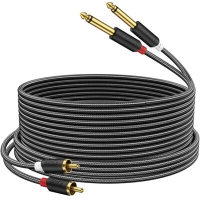 J&D Cabo áudio de 2 x 6,35 mm a 2RCA, banhado a ouro 2 x 6,35 mm TS macho a 2 RCA macho concha de PVC estéreo adaptador de áudio e divisor RCA cabo com trançado de nylon, 4,5 metros J&D Cabo áudio de 2 x 6,35 mm a 2RCA, banhado a ouro 2 x 6,35 mm TS macho a 2 RCA macho concha de PVC estéreo adaptador de áudio e divisor RCA cabo com trançado de nylon, 4,5 metros