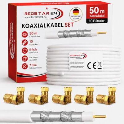 RedStar24 Cabo Coaxial SAT 135dB Digital 50m Classe A+ Blindagem 5x para Ultra HD 4K DVB-S/S2, DVB-C/C2, DVB-T Cabo de Antena Coaxial para Instalações CATV Branco com 10 Conectores F RedStar24 Cabo Coaxial SAT 135dB Digital 50m Classe A+ Blindagem 5x para Ultra HD 4K DVB-S/S2, DVB-C/C2, DVB-T Cabo de Antena Coaxial para Instalações CATV Branco com 10 Conectores F