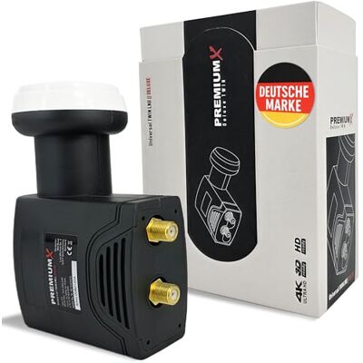 PremiumX Deluxe Twin LNB Conversor de sinal para 2 utilizadores com recepção digital por satélite em HD, UHD e 4K. Suporta DVB-S2 e oscilador de referência PLL para o máximo desempenho PremiumX Deluxe Twin LNB Conversor de sinal para 2 utilizadores com recepção digital por satélite em HD, UHD e 4K. Suporta DVB-S2 e oscilador de referência PLL para o máximo desempenho
