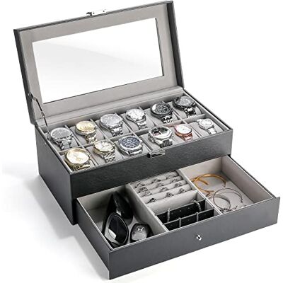 ProCase Caja de Relojes con 12 Compartimentos y 1 Cajón, Estuche Relojero Organizador de Cuero PU Exterior y Terciopelo Interior para Relojes Gafas de Sol Joyas Brazaletes Collares Anillos -Negro ProCase Caja de Relojes con 12 Compartimentos y 1 Cajón, Estuche Relojero Organizador de Cuero PU Exterior y Terciopelo Interior para Relojes Gafas de Sol Joyas Brazaletes Collares Anillos -Negro