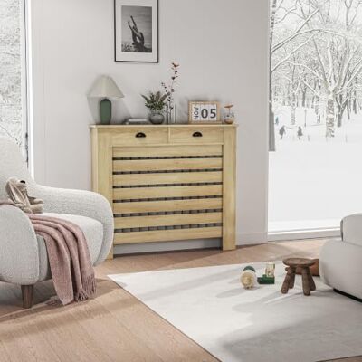 HOMCOM Cobertura de radiador com gaveta de MDF 111 x 19 x 95,5 cm carvalho Cobertor de adiador, cobertura para radiador, design moderno de fitas, sala de estar, quarto HOMCOM Cobertura de radiador com gaveta de MDF 111 x 19 x 95,5 cm carvalho Cobertor de adiador, cobertura para radiador, design moderno de fitas, sala de estar, quarto
