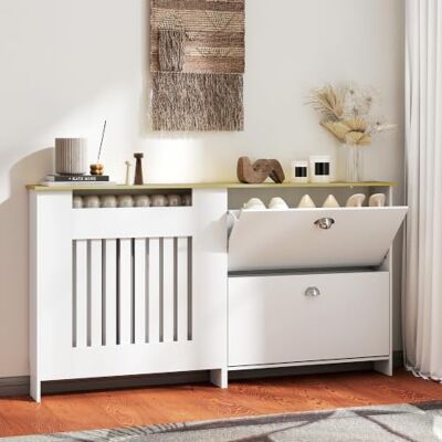 HOMCOM Cobertura de radiador com sapateiro cobreradiador 152 x 19 x 81 cm branco MDF, Cubierta para Radiador, 2 Cajones Abatibles, Diseño Moderno de Listones, para Salón y Dormitorio HOMCOM Cobertura de radiador com sapateiro cobreradiador 152 x 19 x 81 cm branco MDF, Cubierta para Radiador, 2 Cajones Abatibles, Diseño Moderno de Listones, para Salón y Dormitorio
