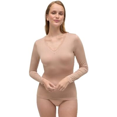 YSABEL MORA Camiseta Interior Manga Larga de Bambú para Mujer Escote en pico con detalle de encaje, tacto ultrasuave, apta para piel sensible, se adapta al cuerpo YSABEL MORA Camiseta Interior Manga Larga de Bambú para Mujer Escote en pico con detalle de encaje, tacto ultrasuave, apta para piel sensible, se adapta al cuerpo