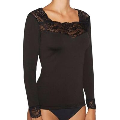 YSABEL MORA T-shirt térmica de renda de manga comprida preta. Cuello cuadrado con encaje en escote y puños, tejido suave, calidez en días fríos, interior o exterior YSABEL MORA T-shirt térmica de renda de manga comprida preta. Cuello cuadrado con encaje en escote y puños, tejido suave, calidez en días fríos, interior o exterior