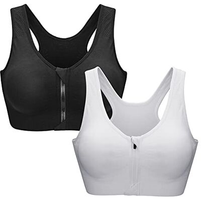 ZOEREA Sutiã desportivo com fecho frontal para mulher, roupa de ginásio com almofadas removíveis para correr, sem costuras, ioga, fitness, Preto + branco, M ZOEREA Sutiã desportivo com fecho frontal para mulher, roupa de ginásio com almofadas removíveis para correr, sem costuras, ioga, fitness, Preto + branco, M