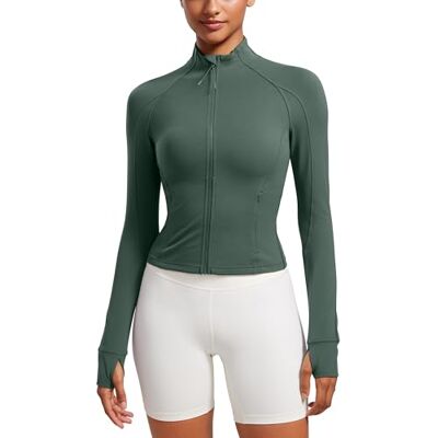 CRZ YOGA Mulher Butterluxe casaco curto de treino com fecho completo Extremamente macio, desporto, corte ajustado, fecho de correr completo, bolsos laterais, orifício para o polegar, para mulher CRZ YOGA Mulher Butterluxe casaco curto de treino com fecho completo Extremamente macio, desporto, corte ajustado, fecho de correr completo, bolsos laterais, orifício para o polegar, para mulher
