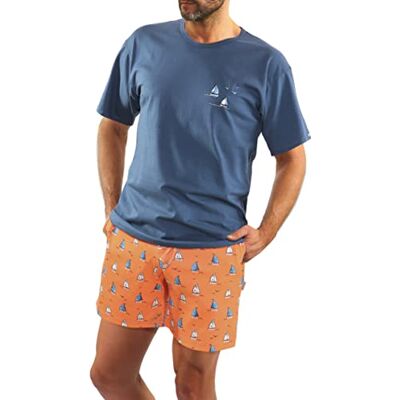 Sesto Senso Pijama homem curto algodão verão manga curta calções, T-shirt jeans com veleiro; calções laranja com veleiros, XXL Sesto Senso Pijama homem curto algodão verão manga curta calções, T-shirt jeans com veleiro; calções laranja com veleiros, XXL