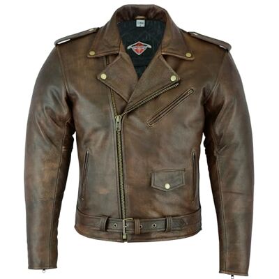 Texpeed Casaco de mota de couro para homem Marlon Brando casaco de motociclista touring com proteções originais CE (EN 1621-1) castanho L Texpeed Casaco de mota de couro para homem Marlon Brando casaco de motociclista touring com proteções originais CE (EN 1621-1) castanho L