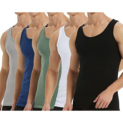 Falechay Camisola de alças para homem em 100% algodão, várias cores disponíveis, pack de 5 Transpirable,Sin mangas,Sin etiquetas interiores,Ideal para deporte,fitness,diario y hogar Falechay Camisola de alças para homem em 100% algodão, várias cores disponíveis, pack de 5 Transpirable,Sin mangas,Sin etiquetas interiores,Ideal para deporte,fitness,diario y hogar