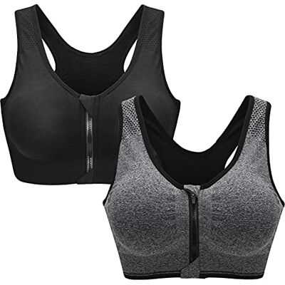 ZOEREA Sutiã desportivo com fecho frontal para mulher, roupa de ginásio com almofadas removíveis para correr, sem costuras, ioga, fitness, Preto + Cinza ZOEREA Sutiã desportivo com fecho frontal para mulher, roupa de ginásio com almofadas removíveis para correr, sem costuras, ioga, fitness, Preto + Cinza